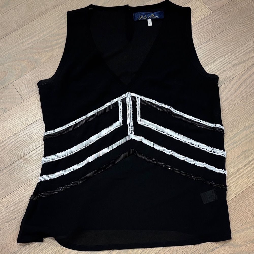 Blue Rain Black and White Chevron Beaded Blouse Tank Top Small